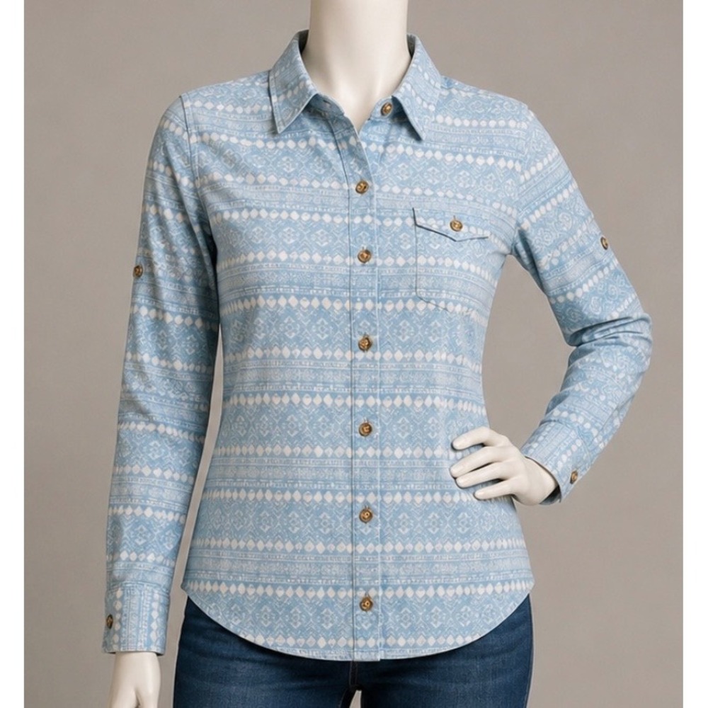 Patagonia Women XS Blue Geometric Button Up Shirt Idaho Angler Boise Fishing